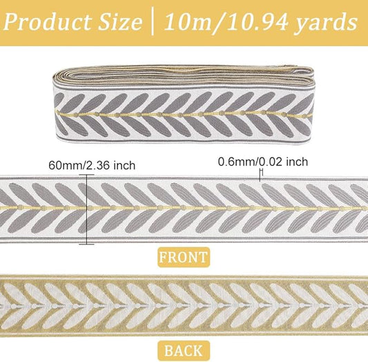 OLYCRAFT 10.9Yards Jacquard Ribbon Trim 2.4 Inch Leaf Pattern Polyester Ribbons Grey White Woven Embroidery Trim for DIY Sewing Crafts Handmade Bag Belts Clothing Decoration