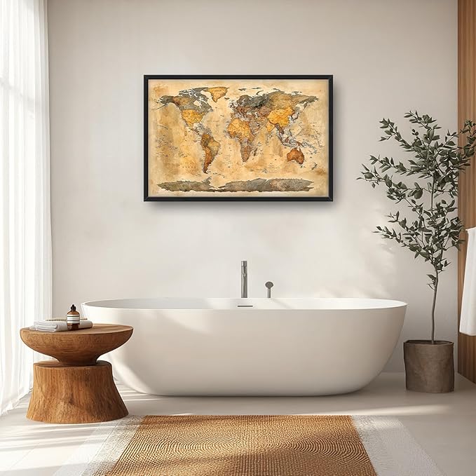 Extra Large World Map Framed Wall Art for Living Room,Oversized Vintage Map of The World Pictures Wall Decor,Canvas Print Painting Modern Artwork Bedroom Office Bathroom 36L x 24W