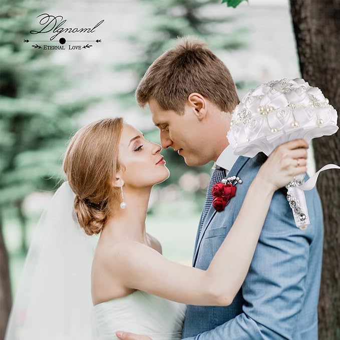 Handmade Wedding Flowers Bridal Bouquets Crystal Bride Holding Bouquet White Ivory Satin Roses with Diamond Pearl Ribbon.(allwhite)