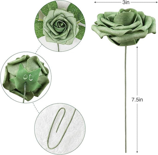 AmyHomie Artificial Flowers Green Rose 25pcs Real Looking Fake Roses w/Stem for DIY Wedding Bouquets Centerpieces Arrangements Party Baby Shower Valentines Day Christmas Tree Decorations