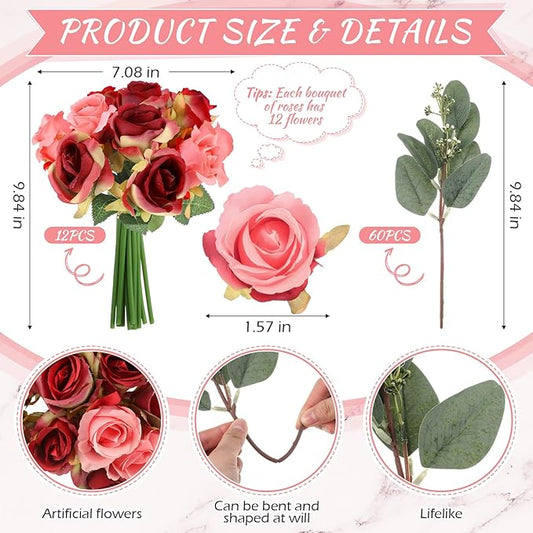 Zeyune 12 Pack Wedding Bridesmaids Bouquets 7 Inch Artificial Rose Bouquets Silk Flowers with Stems Fake Floral Bundles Bulk for Wedding Bridal Shower Party Centerpieces Home Decor(Rose Red)