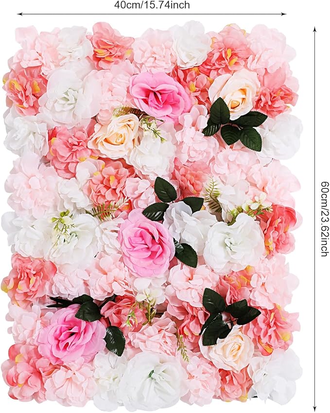 12pcs 24" x 16" Artificial Flower Wall Panel Background,3D Pink White Dahlia Silk Rose with Leaves Flowers Wall Backdrop for Wedding Party Event Photo Backdrop Wall Decor (Type 3)