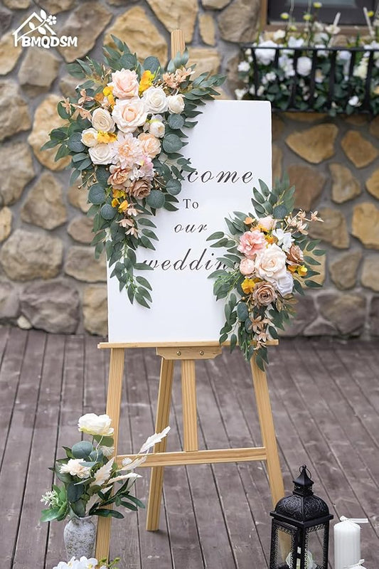 Wedding Welcome Signs Floral(Pack of 2),Wedding Arch Flowers for Wedding Decorations and Reception Backdrop Decoration (New Champagne)