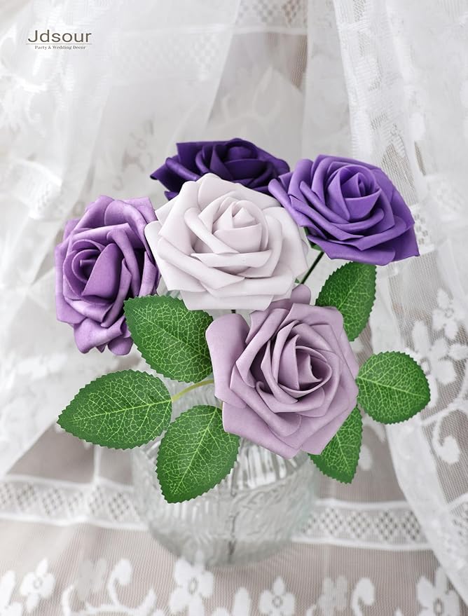 25pcs Artificial Flower,Real Looking Foam Roses w/Stem for DIY Wedding Bouquets Centerpieces Bridal Shower Party Decor-Shades of Series Purple