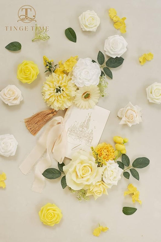 TINGE TIME Artificial Flowers Combo Mix Silk Flowers Yellow Roses w/stem for DIY Wedding Bridal Bouquets Baby Shower Floral Arrangement Table Centerpieces Home Decorations (Lemon Yellow)