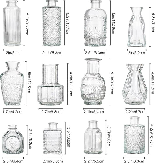 12 Pcs Small Glass Bud Vase Set of,Mini Vintage Vases in Bulk, Clear Bud Vases for Centerpieces, Rustic Wedding Decorations,Home Table Flower Décor.