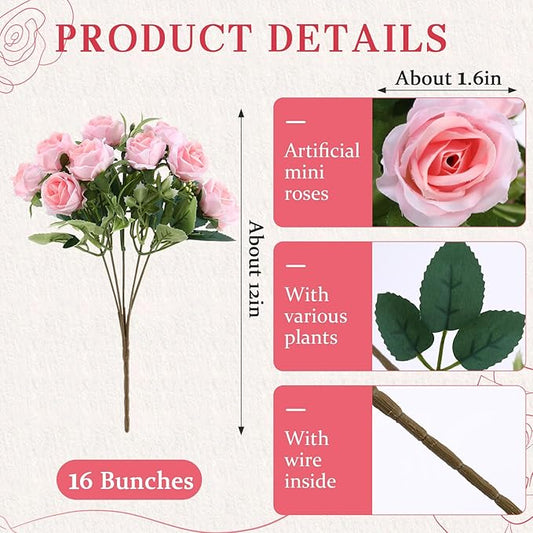 Zeyune 16 Bunches 12 Inch Artificial Mini Rose Bouquet 160 Heads Bridal Flower Bouquets Fake Silk Rose Bulk for Wedding Bridal Shower Christmas Home Office Garden Decoration(Light Pink)