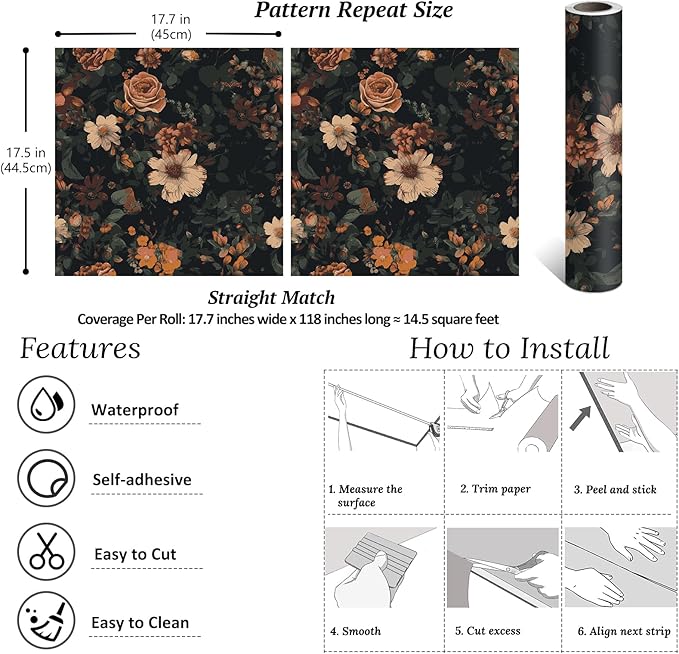 VEELIKE Retro Dark Floral Peel and Stick Wallpaper Vintage Floral Wallpaper for Bedroom Bathroom 17.7''x118'' Moody Flower Wallpapers Self Adhesive Removable Botanical Contact Paper for Cabinets Walls