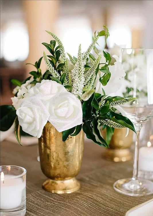 White Flowers Glitter Rose 30 PCS Artificial Flowers Glitter Flowers Foam Roses with Stem Fake Flowers for DIY Wedding Bridal Bouquet Party Centerpieces Decor(White)