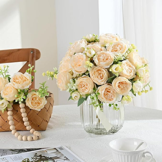 MARTINE MALL 4 Packs Peonies Artificial Flowers, Champagne Artificial Peonies, Silk Peonies Flowers Fake Peonies Artificial Flowers Peonies Bouquet for Centerpiece Table Wedding Party Home Decor