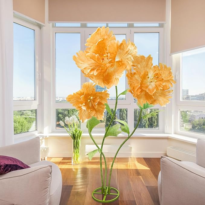 Artificial Large Huge Flowers Decoration, Giant Realistic Fake Flower 3 Pcs 6.1 Ft for Outside, Adjustable Waterproof Paper Faux Large Flower Home Wedding Party Garden Background Decor(Champagne)