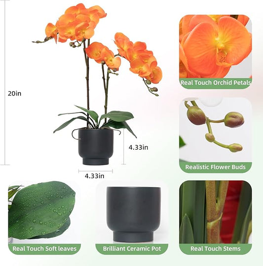 CXGS Orchids Artificial Flowers Real Touch Fake Flowers in Ceramic Pot 20" Orange Faux Orchid Plant Lifelike Silk Phalaenopsis for Centerpiece Hotel Home Indoor Decor