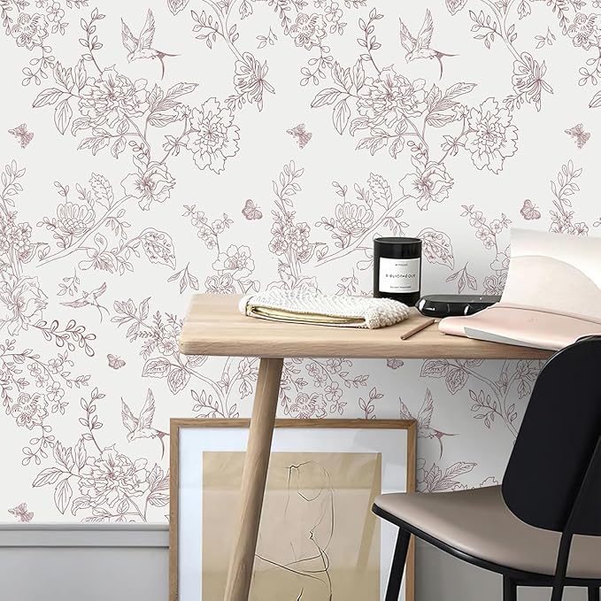 Red and White Floral Peel and Stick Wallpaper 16.9"x196.8" Vintage Floral Contact Paper Peel and Stick Bird Flower Wallpaper Self Adhesive Removable Wall Paper for Cabinets Bathroom Decorative