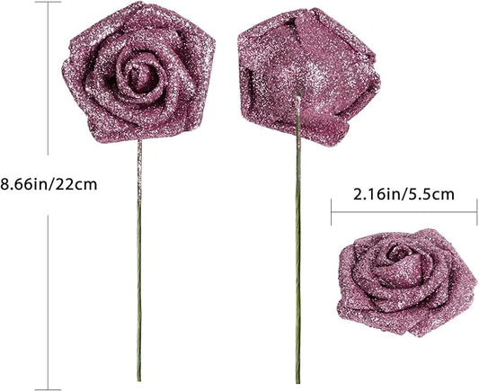 Artificial Flowers Glitter Rose 30 PCS Glitter Flowers Foam Roses with STEM Faux Flowers for DIY Wedding Bridal Bouquet Party Centerpieces Decor(Rose Gold)