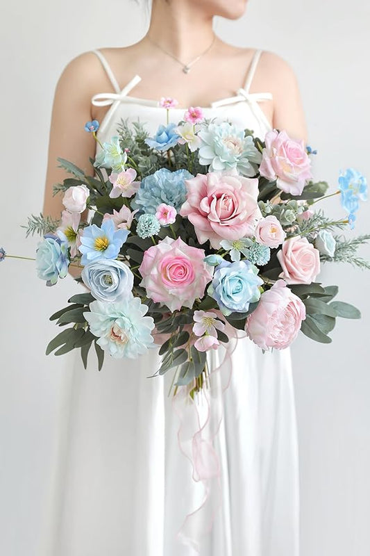 Artificial Flowers Combo Box Set Silk Flowers Fake Rose for DIY Floral Arrangements Wedding Bouquets Centerpieces Baby Shower Party Home Decorations (Blue Pink)