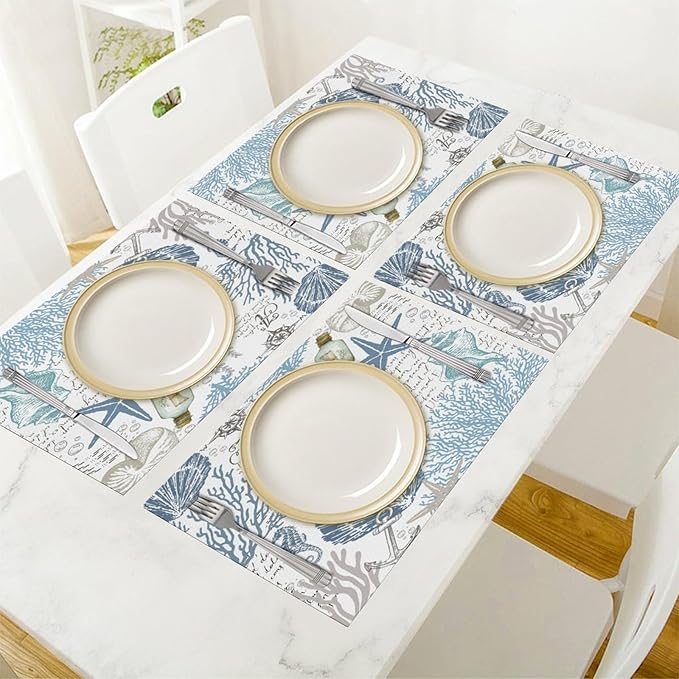Nautical Placemats Set of 4,Summer Starfish Beach Theme Ocean Seashell,Blue Coastal Linen Fabric Table Mats for Home Kitchen Dining Party Decor 4 PCS