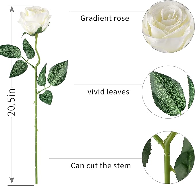 Flojery 10pcs White Silk Roses Artificial Rose Flowers Long Stem for DIY Wedding Bouquet Table Centerpiece Home Décor