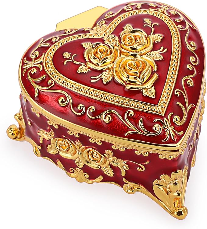 Hipiwe Heart Shape Jewelry Box Classic Metal Trinket Organizer Ring Storage Box with Rose Pattern Jewelry Storage Box for Ring Earrings Necklace, Gift for Women, Red