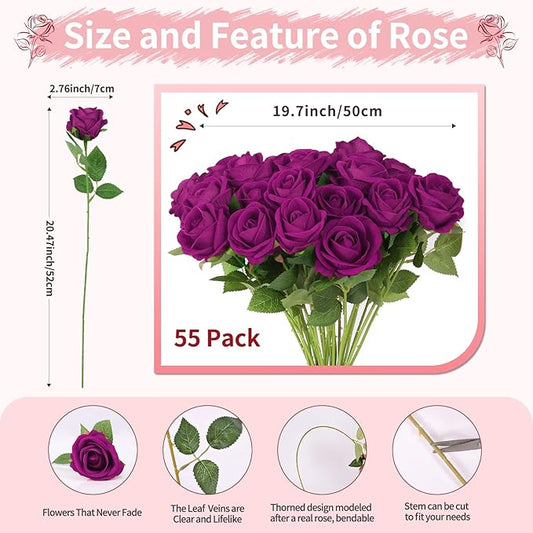 52 PCS Purple Roses Artificial Flowers, Fake Purple Roses, Purple Artificial Roses with Stems for Wedding Flowers Decoration, Valentines Roses, Wedding Decoration