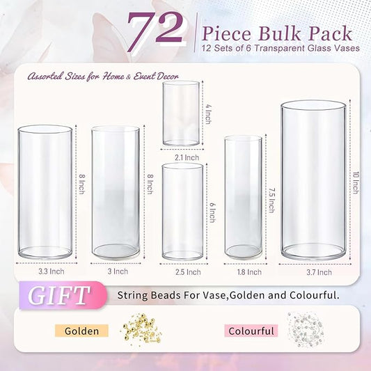 72pcs Glass Vase Cylinder Vases for Centerpieces Small Flower Glass Vases Home Decor Centerpiece Table Clear Flower Vase Decorations for Wedding&Holiday 4,6,7.5,8,8,10 Inch Tall