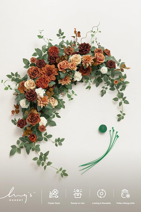 Ling's moment Wedding Arch Flowers - 6.5FT Floral Garland for Ceremony Arbor Backdrop Decoration - Artificial Rose Floral Swag for Sweetheart Table Birthday Party, Baby Shower, Terracotta Orange