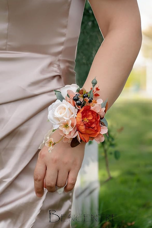 Terracotta Corsages for Wedding(Set of 6),Corsages for Prom,Party Prom Hand Flower Decor,Mother of The Bride Corsage,Bridesmaid Wrist Corsage,Wrist Corsage Bracelets