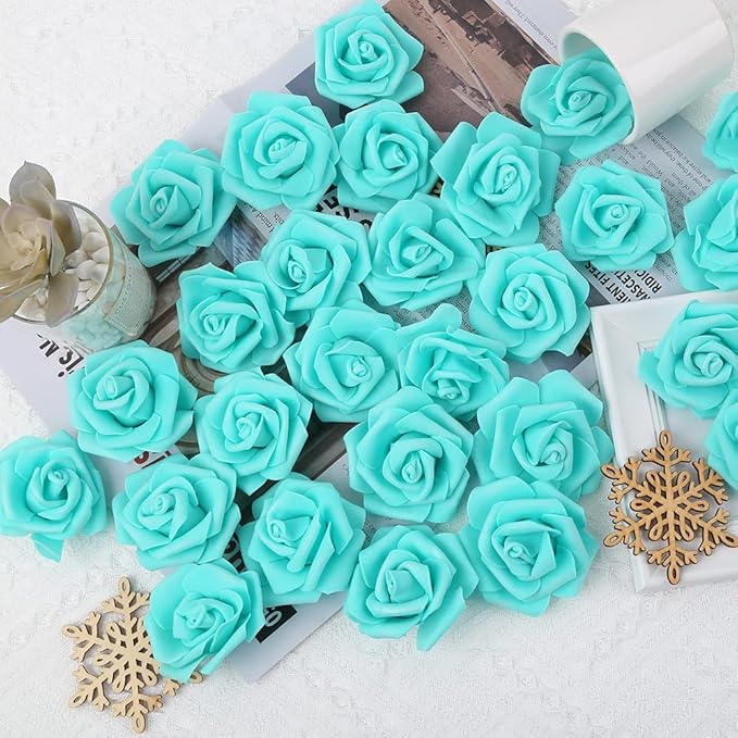 Artificial Rose Flower Heads, 100pcs Teal Green Roses Artificial Flower Foam Rose for DIY Wedding Bouquets Centerpieces Arrangements Party Baby Shower Home Decor (Stemless,Teal Green)