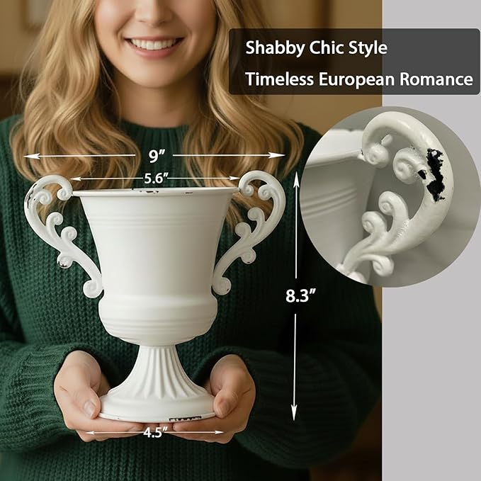 8.3" Shabby Chic European Urn Vase, Distressed Vintage Metal Body with Heavy Cast Iron Double Handles, Romantic Farmhouse Centerpiece for Mantel or Table Decor