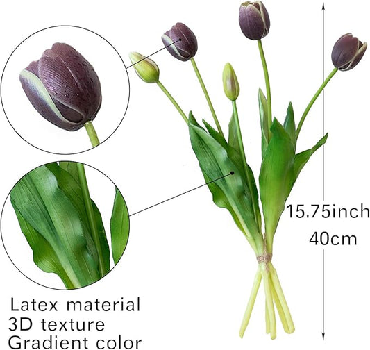 15pcs Artificial Tulips Flowers, Real Touch Latex Bouquet, Fake Tulips for Office Wedding Party Home Kitchen Garden Decoration-B Dark Plum