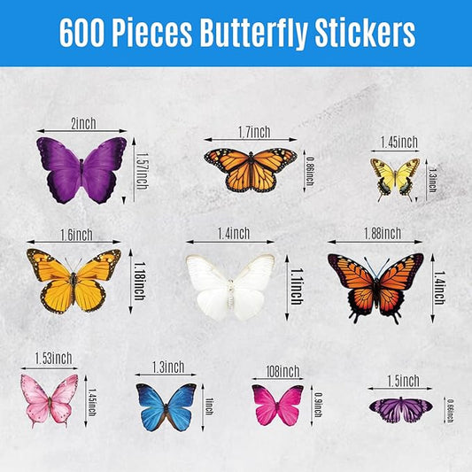 600Pcs Butterfly Stickers,Self-Adhesive PVC Vintage Butterfly Stickers for Scrapbook, Laptop, Journal, DIY Project, Window, Envelope Spring Themed Party Decors