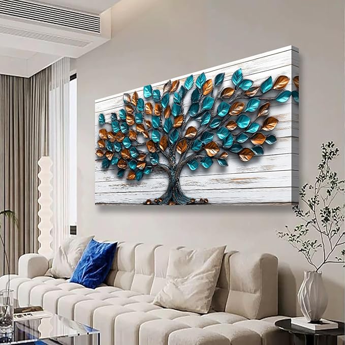 Tree Nature Wall Art Bedroom Abstract Wall Decor Living Room,Tree of Life Canvas Wall Art Office Farmhouse Paintings Artwork Modern Teal Golden Leaves Wall Art Prints Pictures 20 * 40inch