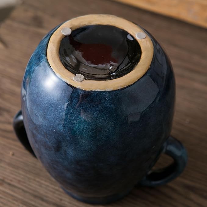 Blue Ceramic Vase with 2 Handles for Modern Farmhouse Home Decor, Vintage Rustic Decorative Vases, Small Vase for Fresh and Dried Flowers, Centerpiece Table Decorations, 7 Inch