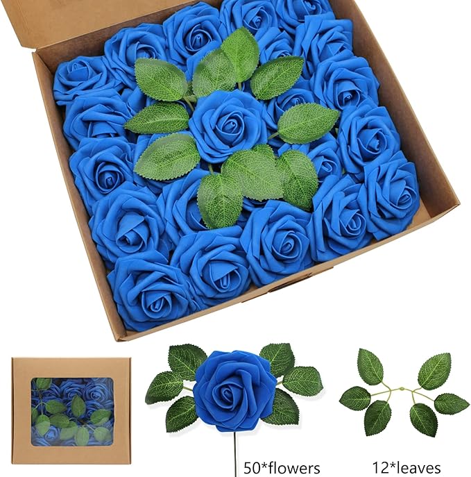 Artificial Roses Flowers 50pcs Real Looking Foam Fake Roses with Stems for DIY Wedding Bouquets Bridal Shower Centerpieces Party Decorations (50, Navy Blue)