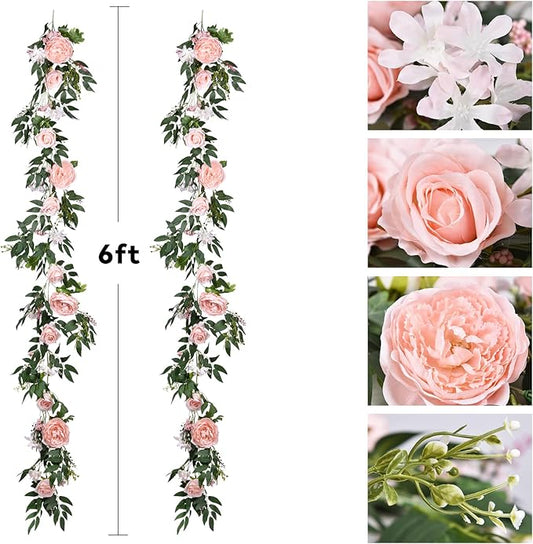 Lvydec 2 Pack Artificial Peony Flower Garland - 6ft Silk Peony Vine Willow Leaves Garland Pink Arch Flower Vine for Wedding Party Table Decoration (Pink)