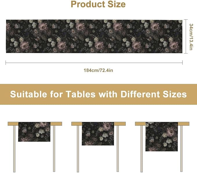 Gothic Floral Table Runner,Vintage Black Pink Rose Print Table Runner for Home Kitchen Table Dining Indoor Outdoor Party Decor 13x120 Inch