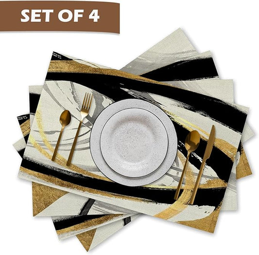 Abstract Black White and Gold Placemats Set of 4, Modern Contemporary Placemats Table Mats Place Mats for Kitchen Dining Table Winter Holiday Party Decoration 16.9x11.4 Inch