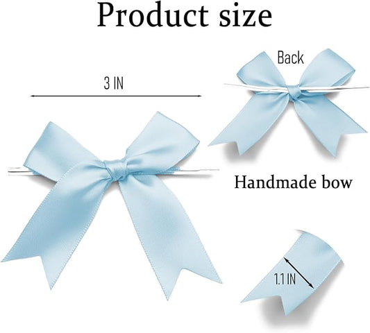 50 Counts Blue Twist Tie Bows 3.1" Pre-Tied Satin Ribbon Bow Decor Mini Twist Tie Bows for Gift Wrapping Treat Bags Cake Bridal Baby Shower Birthday Party Favors Wedding Decorations