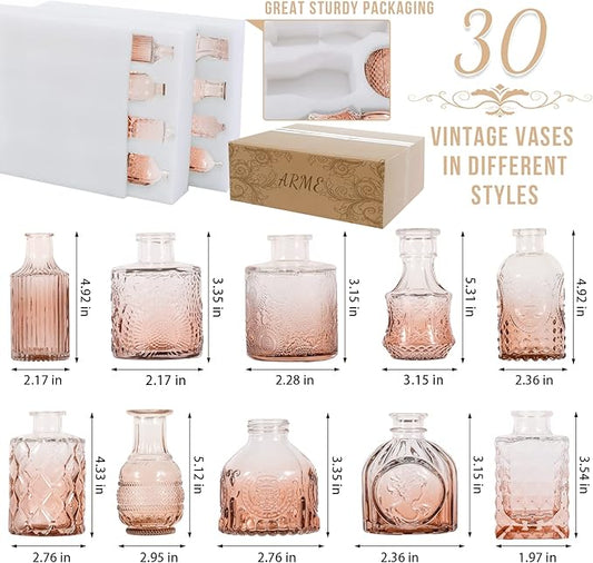 Arme Glass Bud Vase Set,30Pcs Small Glass Vase for Flowers, Clear Bud Vase in Bulk,Mini Single Vintage Vase for Centerpiece,Vases Bulk for Rustic Wedding Decor,Home Table Flower Décor(Amber)