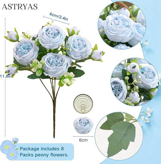 ASTRYAS 8Pcs Peonies Artificial Flowers, Blue Peony Bridal Artificial Peonies, Silk Peony Flowers Fake Artificial Flowers Bouquet for Centerpiece Table Wedding Party Home Decor- Light Blue