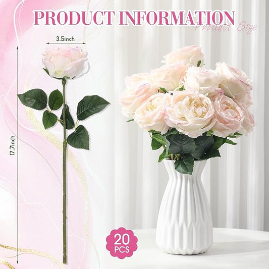 Giegxin 20 Pcs Real Touch Peonies Austin Roses Artificial Flowers, Faux Look Real Long Stems Fake Flower with Big Blooms for Christmas Valentines Wedding Party DIY Arrangement Home Decor(Light Pink)