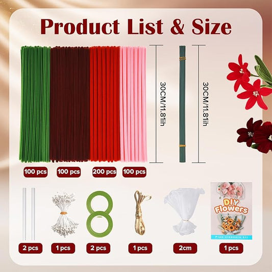 500 PCS Pipe Cleaners Craft Kit for Flower Making Rose DIY Material Bundle with 20 Stems, 100 Stamens, Ribbon, Tulle, Glue Sticks & Step-by-Step Guide - Vibrant Colors, Non-Shedding, Fade-Resistan