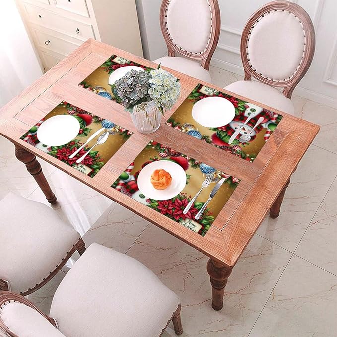 PVC Placemats Set of 4 Wipeable Table Mats Washable Heat Resistant Non Slip Vinyl Dining Table Mat for Kitchen Indoor Outdoor Patio Farmhouse Place Mats Christmas Ball Poinsettia Snowman Decorative