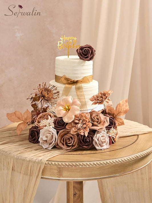 Serwalin Artificial Flowers,Brown & Apricot Fake Silk Flowers for DIY Wedding Bouquets Bridal Shower Centerpieces Floral Arrangements Party Tables Home Decorations