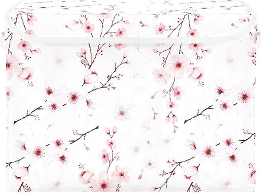Flower Baskets Collapsible Storage Bins with Lids, Cherry Blossom Branche Storage Boxes Clothes Baskets for Organizing