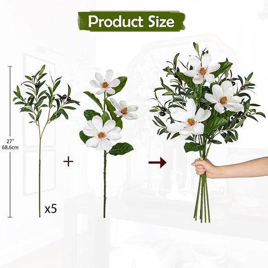 Briful Faux Greenery Stems 27in Artificial Olive Branches with Magnolia Flowers Spray Mixed Floral Greenery Bouquet for Home Vase Table Centerpiece Wedding Decoration