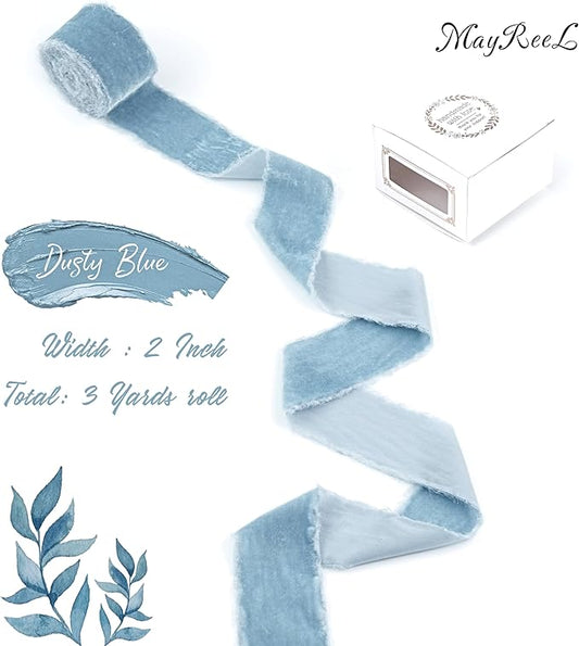 MAYREEL 2 Inch Dusty Blue Velvet Ribbon Hand Torn Slate Blue Silk Frayed Edge for Bridal Bouquets Invitations Wedding Vow Books Gift Baskets Hair Bows 3 Yards