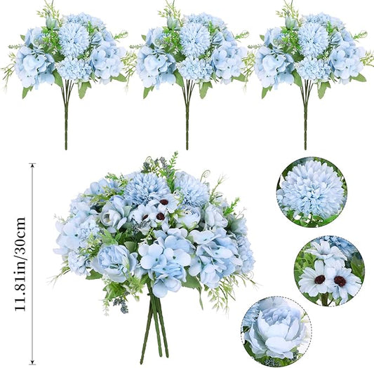 Nubry 3pcs Artificial Flowers Bouquet Fake Peony Silk Hydrangea Wildflowers Arrangements with Stems for Wedding Home Centerpieces Decor (Light Blue)