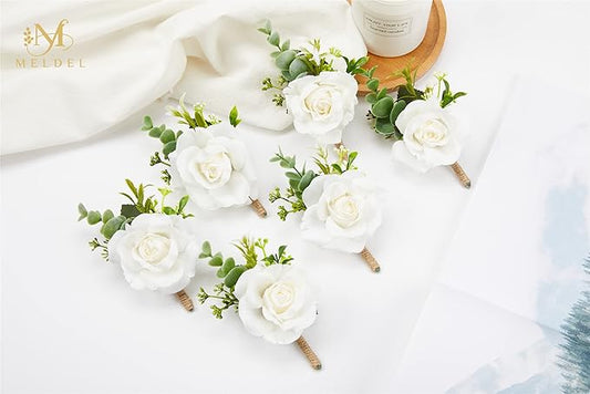 Meldel Ivory Rose Boutonniere for Men,Set of 6,Groom and Best Man Boutonnieres with Artificial Flower,for Wedding Ceremony Anniversary, Formal Dinner Party, Fall Vintage Rustic Marriage Prom