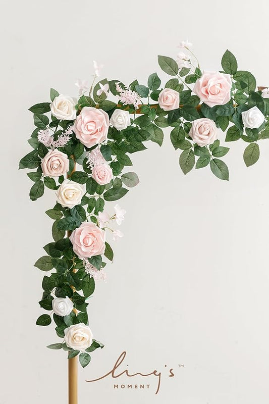 Ling's moment 5FT Blush Artificial Flower Garland Fake Pink Rose Leaves Floral Garland Arch Flowers Vine for Wedding Party Backdrop Decor Mantel Home Table Centerpieces Wall Decorations