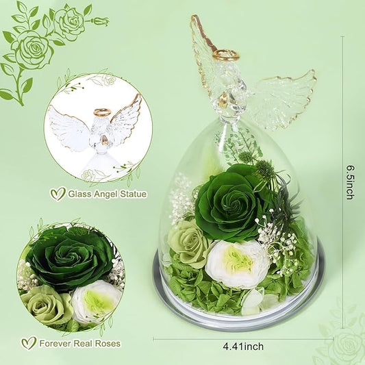 FIACO Gifts for Women Mom Preserved Rose Forever Flower in Glass Angel Figurine Fresh Flowers for Delivery Prime Birthday Gifts for Grandma Wife Sister Christmas Anniversary Eternal Roses